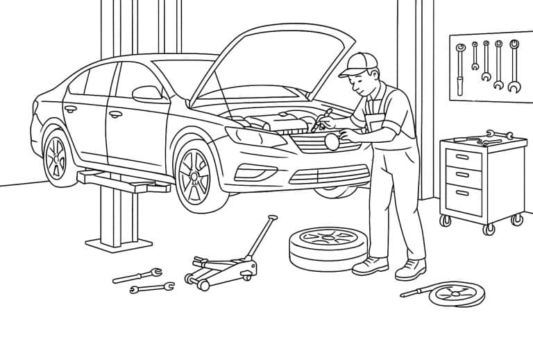 Automechaniker bei der Arbeit in der Werkstatt – Ausmalbild für Kinder ab 8 Jahren