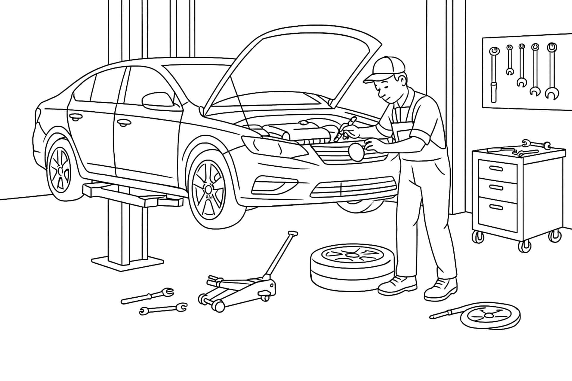 Automechaniker bei der Arbeit in der Werkstatt – Ausmalbild für Kinder ab 8 Jahren