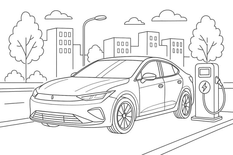 Elektroauto an der Ladestation – Ausmalbild für Kinder ab 8 Jahren
