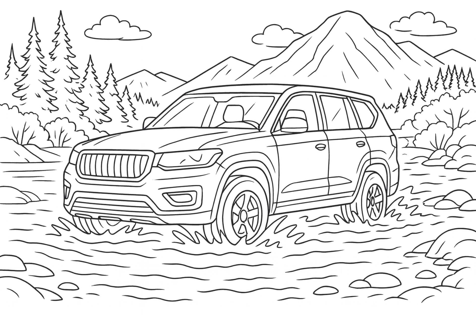 Geländewagen durchquert einen Fluss – Ausmalbild für Kinder ab 8 Jahren
