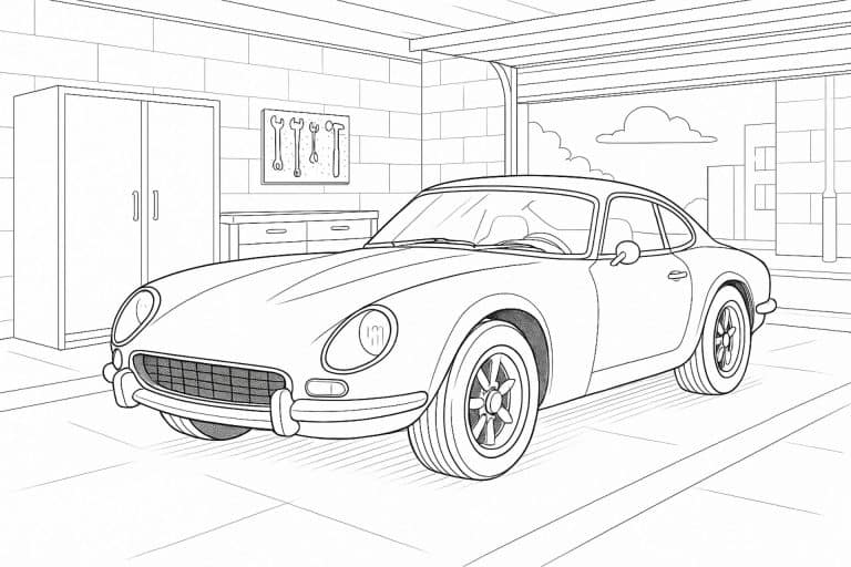 Klassischer Sportwagen in der Garage – Ausmalbild für Kinder ab 8 Jahren