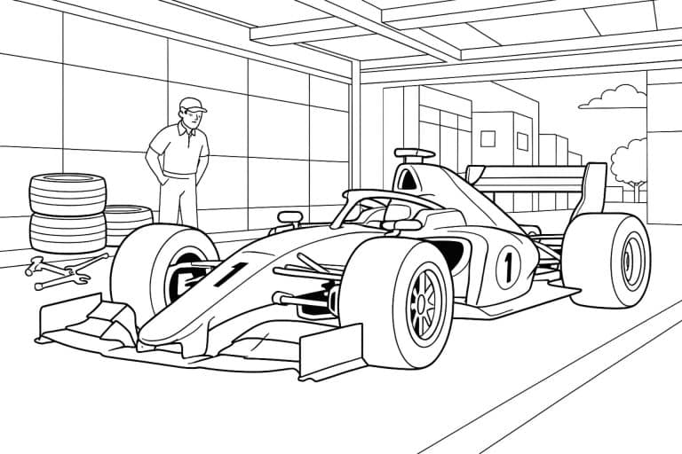 Rennwagen in der Boxengasse – Ausmalbild für Kinder ab 8 Jahren