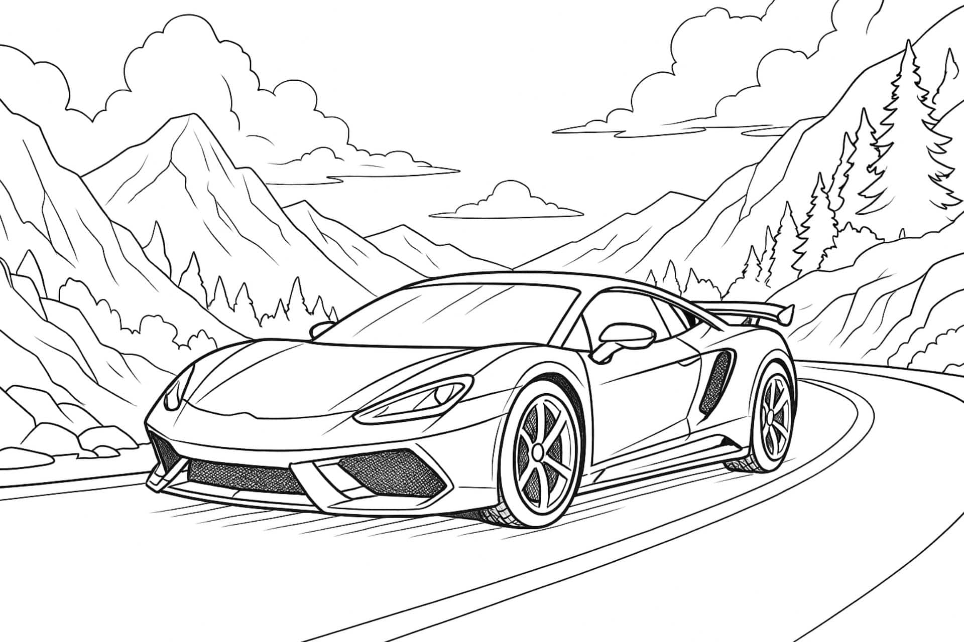 Supercar auf der Bergstraße – Ausmalbild für Kinder ab 8 Jahren