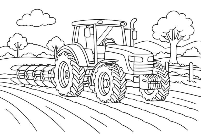 Moderner Traktor mit Pflug – Ausmalbild für Kinder ab 8 Jahren