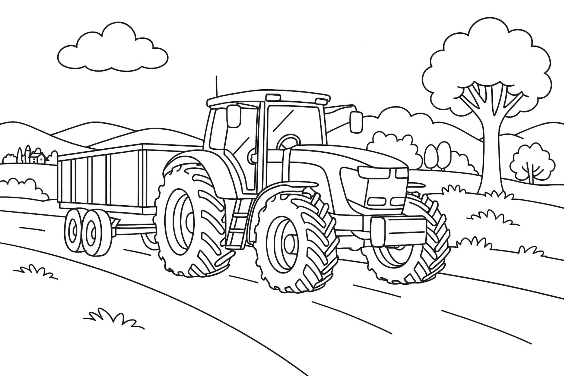 Traktor auf der Landstraße – Ausmalbild für Kinder ab 8 Jahren