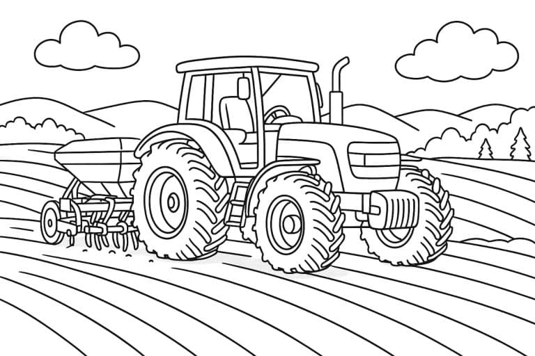 Traktor beim Säen auf dem Feld – Ausmalbild für Kinder ab 8 Jahren