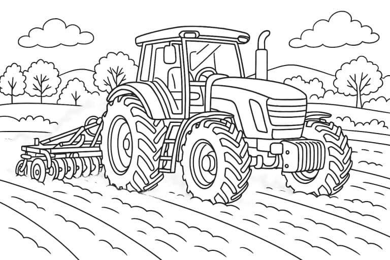 Traktor mit Grubber auf dem Feld – Ausmalbild für Kinder ab 8 Jahren
