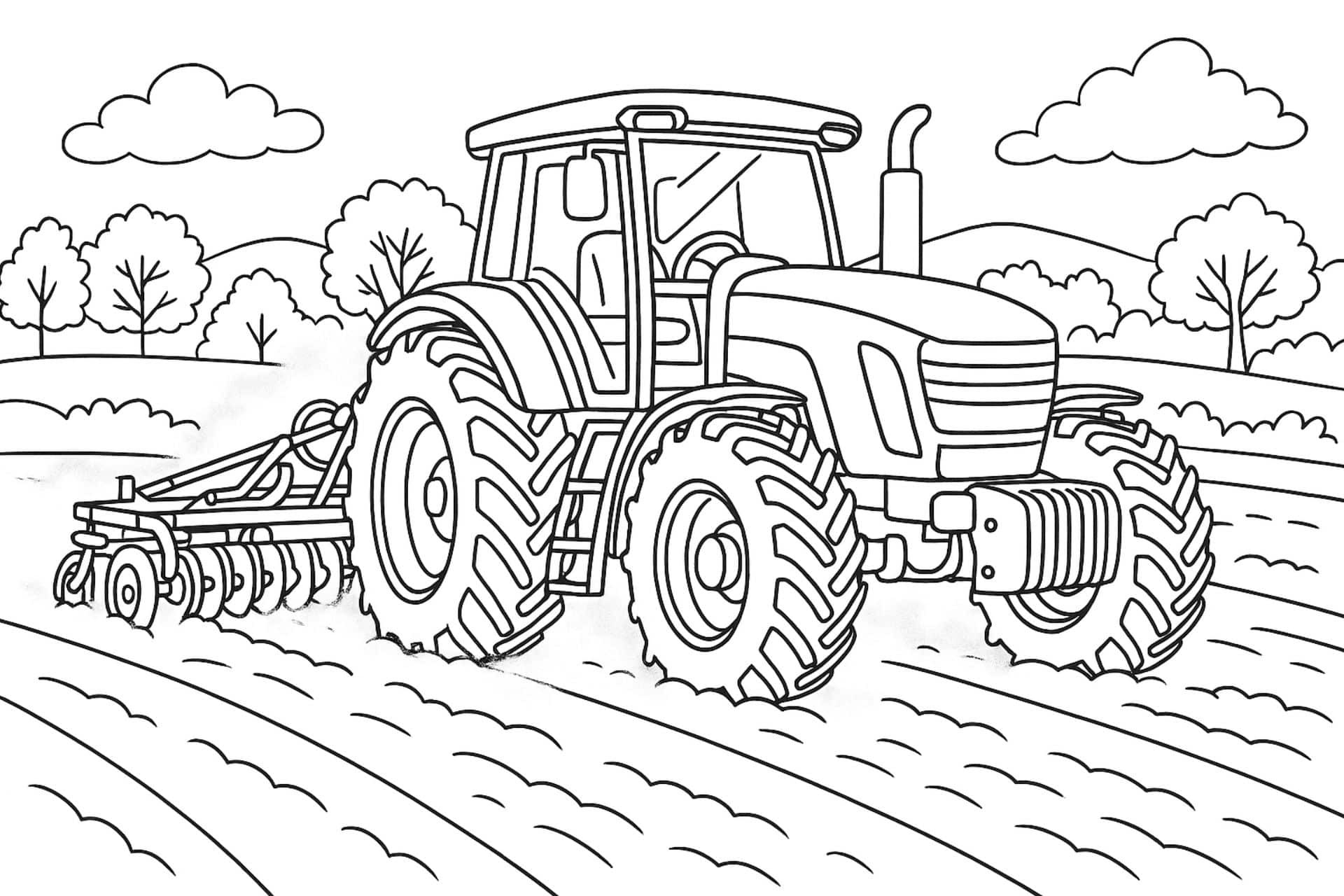 Traktor mit Grubber auf dem Feld – Ausmalbild für Kinder ab 8 Jahren