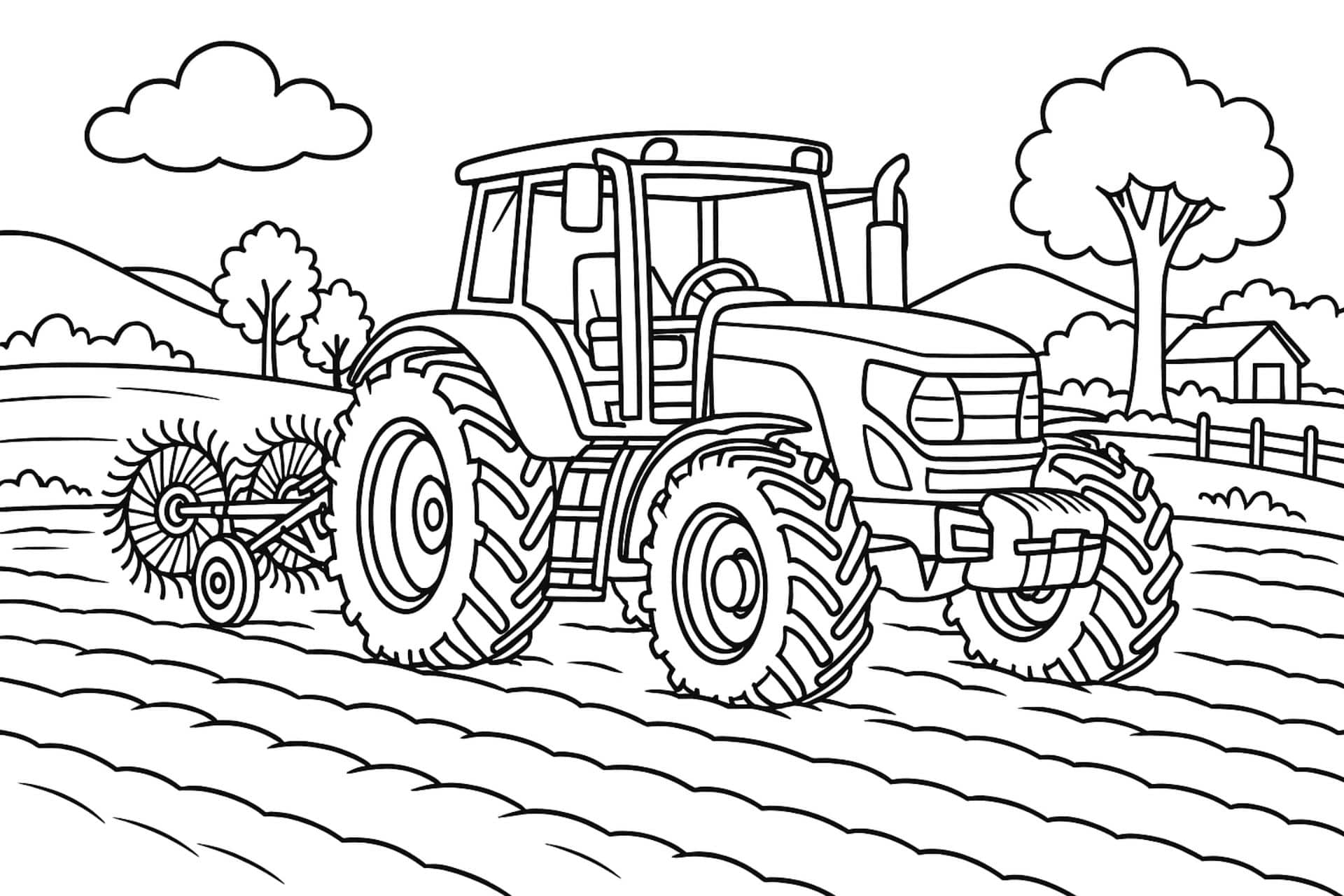 Traktor mit Heuwender – Ausmalbild für Kinder ab 8 Jahren