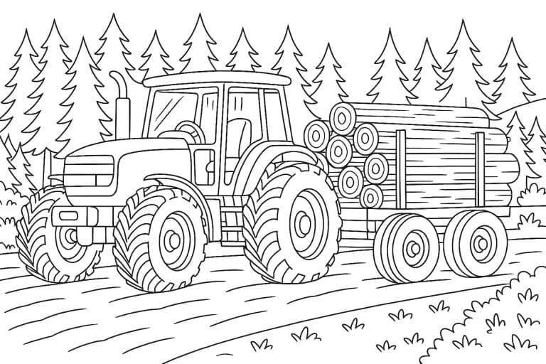 Traktor zieht Anhänger mit Holzstämmen – Ausmalbild für Kinder ab 8 Jahren