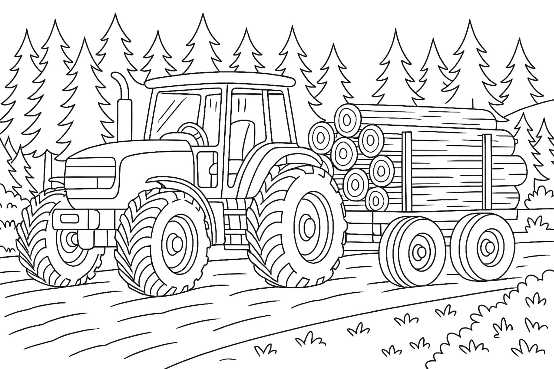 Traktor zieht Anhänger mit Holzstämmen – Ausmalbild für Kinder ab 8 Jahren