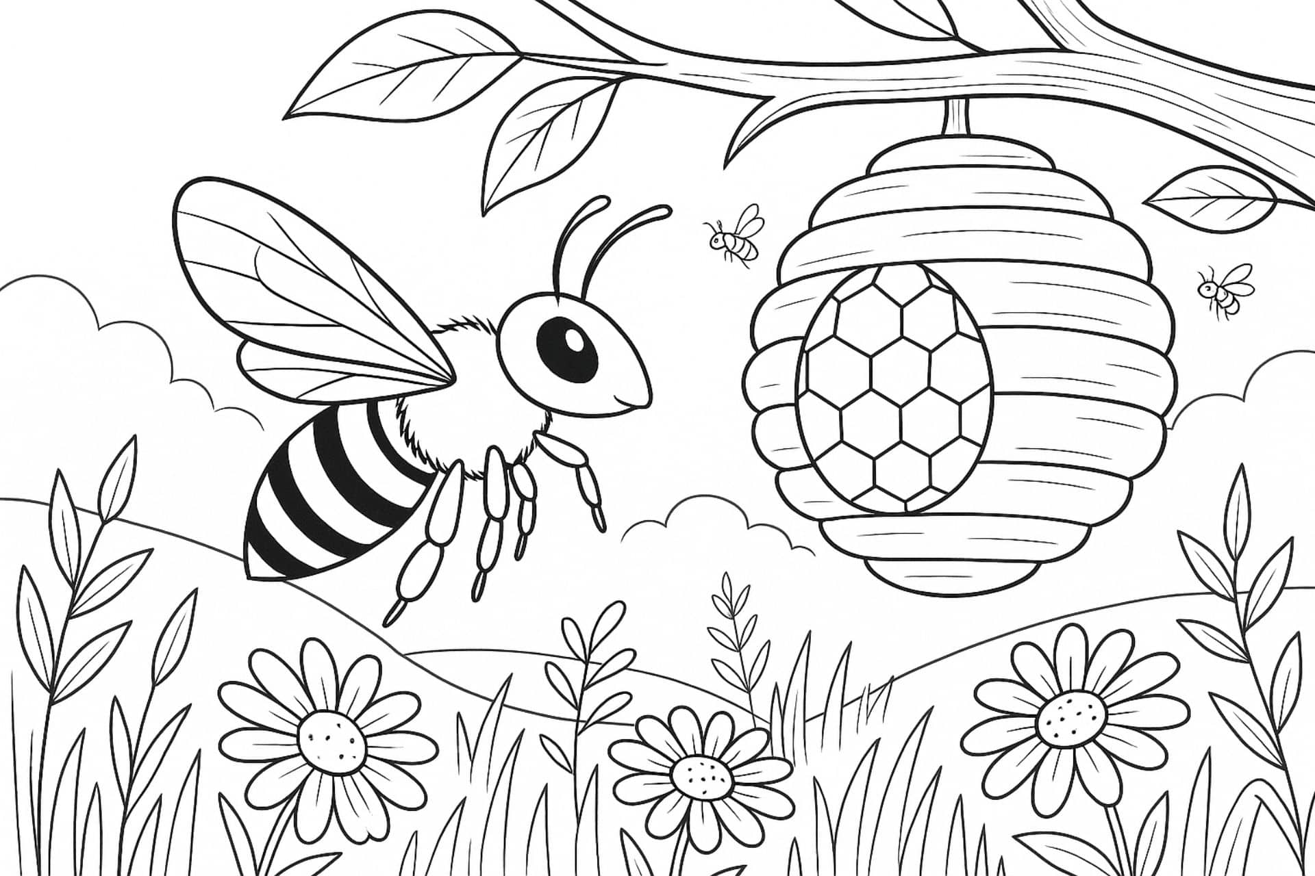 Biene am Bienenstock – Ausmalbild für Kinder ab 8 Jahren