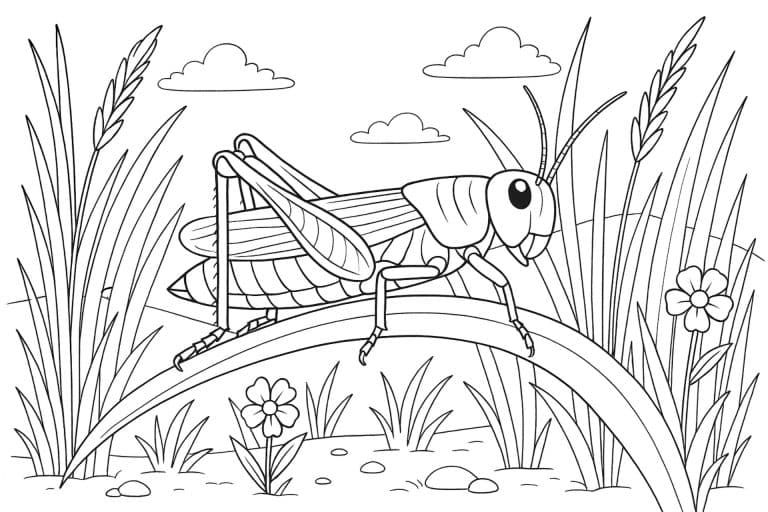 Grashüpfer im hohen Gras – Ausmalbild für Kinder ab 8 Jahren
