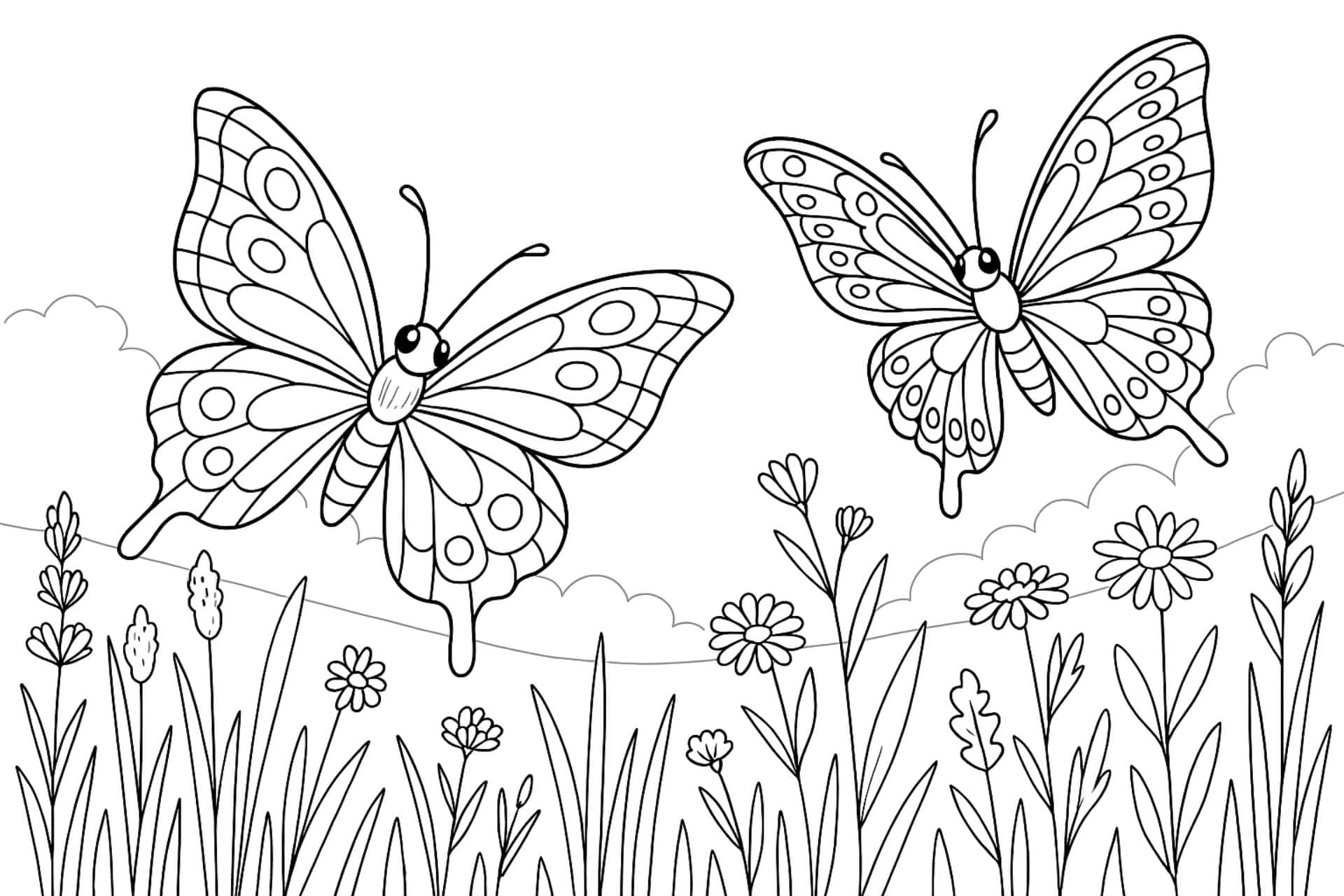 Zwei Schmetterlinge über einer Blumenwiese – Ausmalbild für Kinder ab 8 Jahren