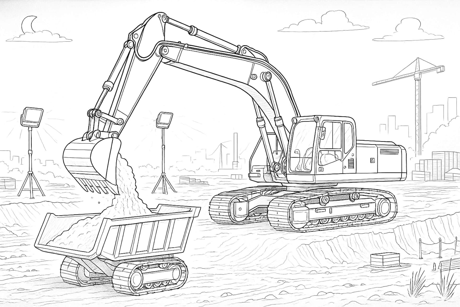 Bagger arbeitet bei Nacht – Komplexes Ausmalbild ab 11 Jahren