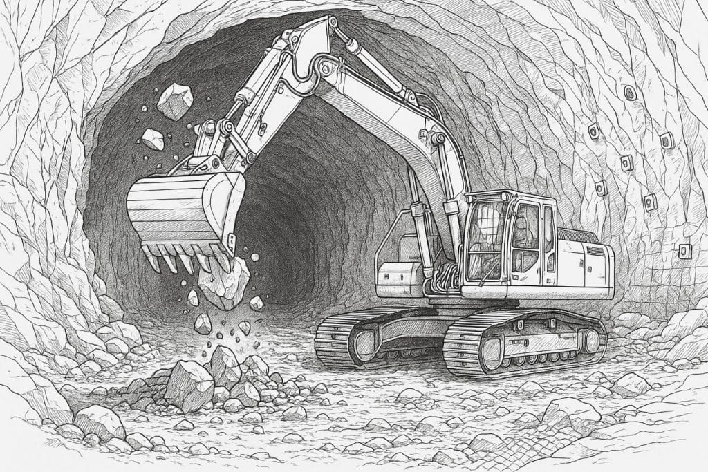Bagger arbeitet im Tunnel – Komplexes Ausmalbild ab 11 Jahren
