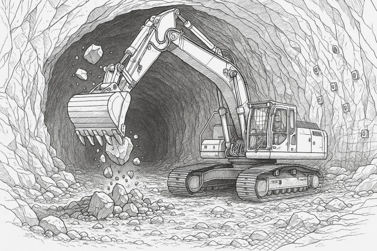 Bagger arbeitet im Tunnel – Komplexes Ausmalbild ab 11 Jahren