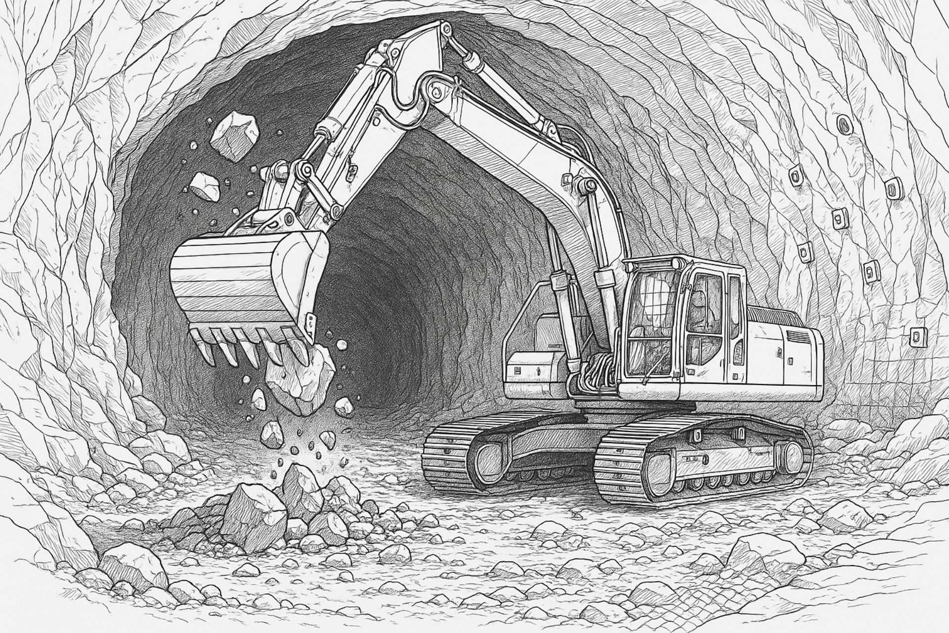 Bagger arbeitet im Tunnel – Komplexes Ausmalbild ab 11 Jahren