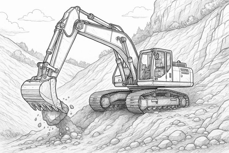 Bagger arbeitet in steiler Hanglage – realistisches Profi-Ausmalbild ab 11 Jahren