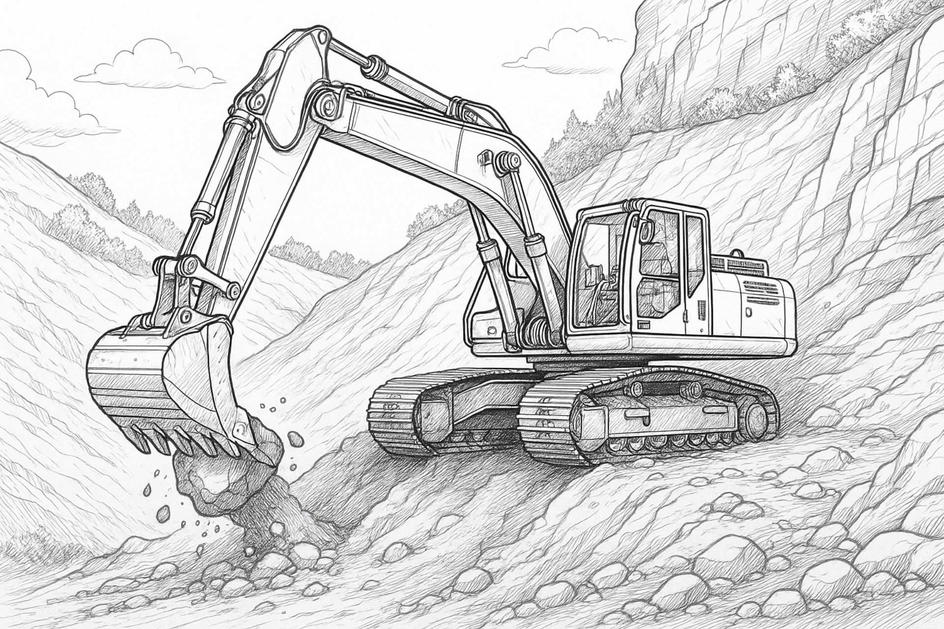 Bagger arbeitet in steiler Hanglage – realistisches Profi-Ausmalbild ab 11 Jahren