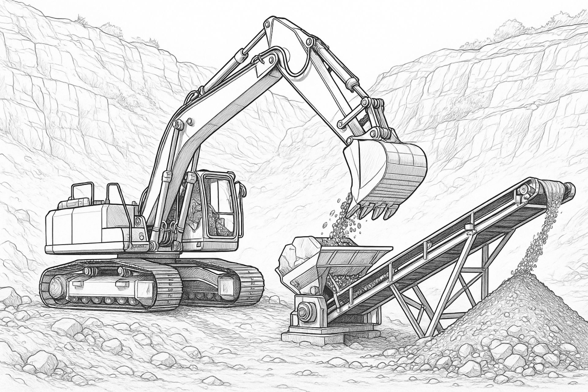 Bagger belädt Förderband – realistisches Profi-Ausmalbild ab 11 Jahren