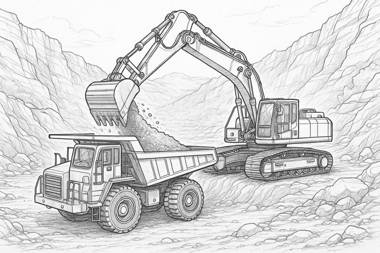 Bagger belädt Muldenkipper – realistisches Ausmalbild ab 11 Jahren