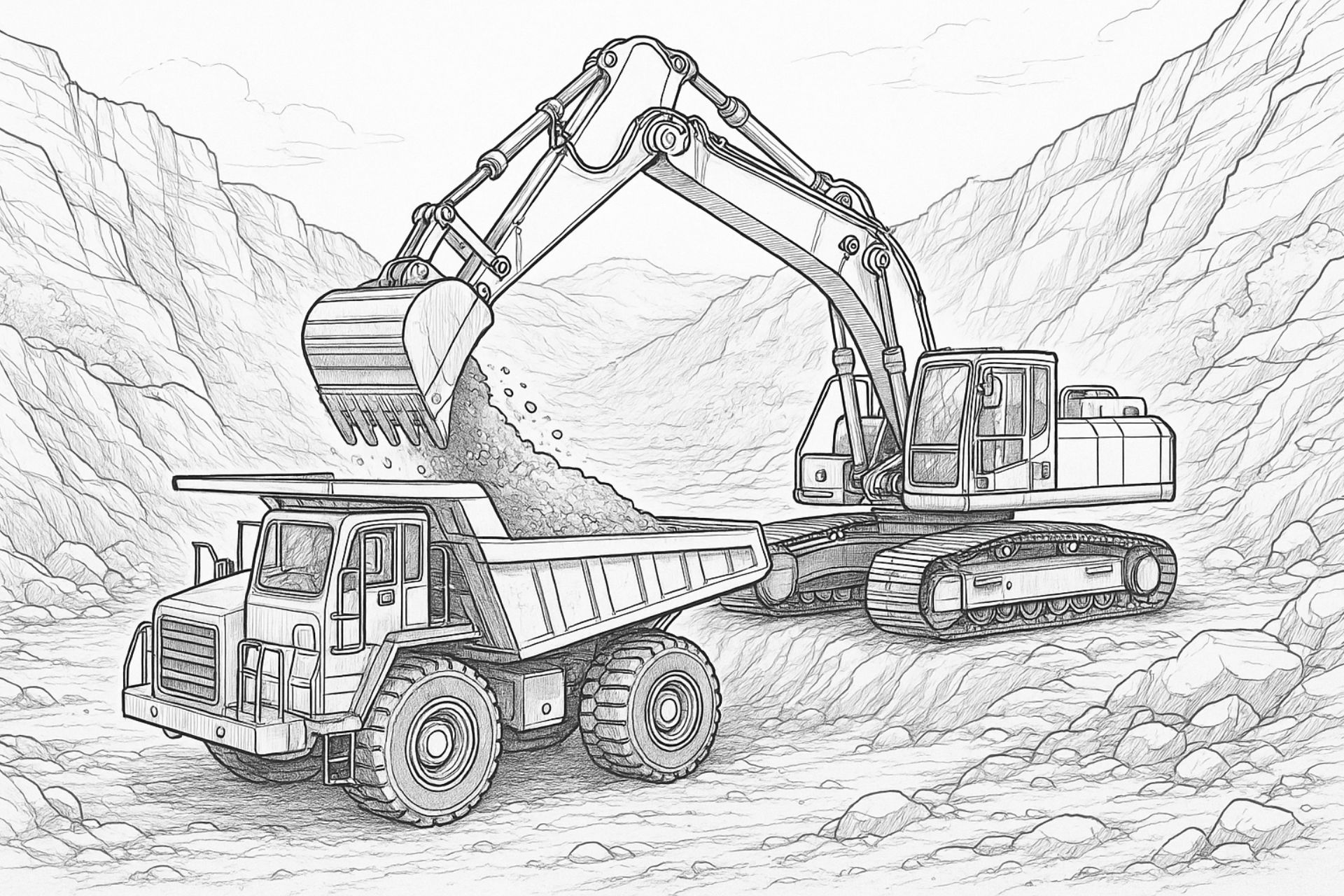 Bagger belädt Muldenkipper – realistisches Ausmalbild ab 11 Jahren