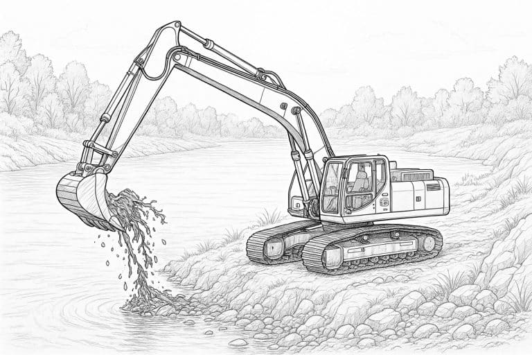 Bagger mit Long-Reach-Ausleger am Fluss – realistisches Ausmalbild ab 11 Jahren