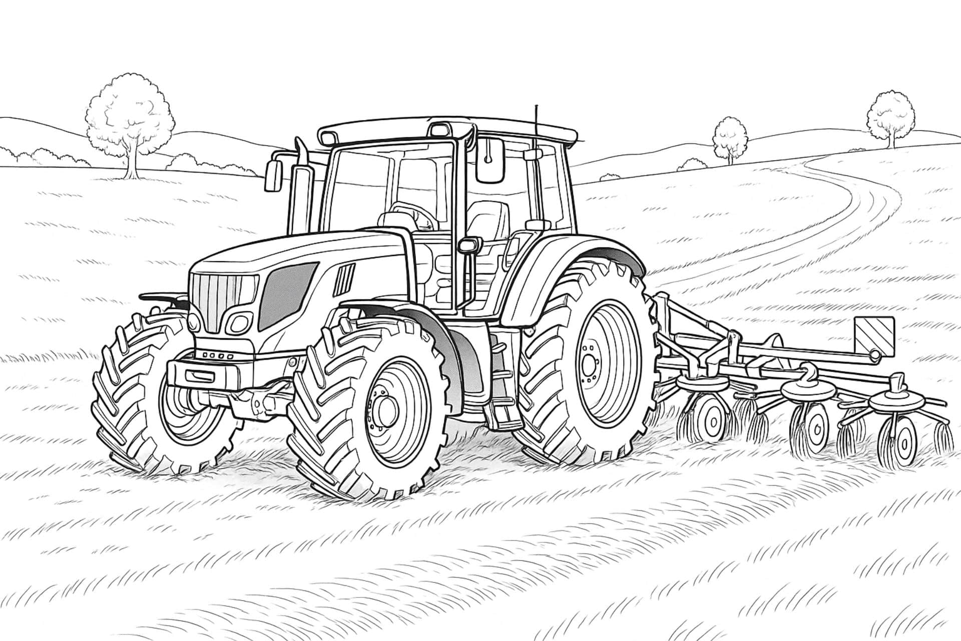Traktor mit Heuwender auf offener Wiese – Ausmalbild für Kinder ab 11 Jahren