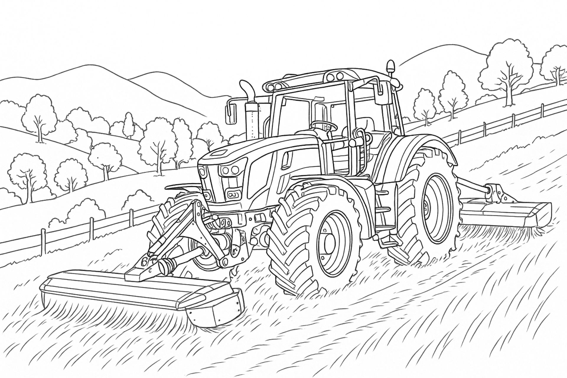 Traktor mit Mähwerk auf Wiesenhang – Ausmalbild für Kinder ab 11 Jahren