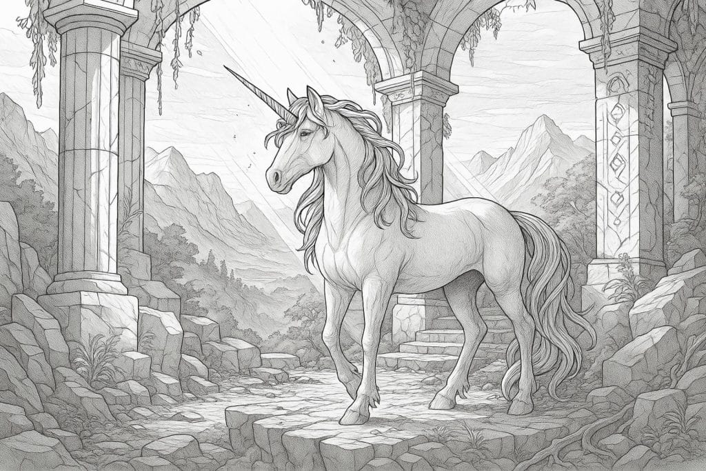Einhorn im Bergtempel – Ausmalbild für Kinder ab 11 Jahren
