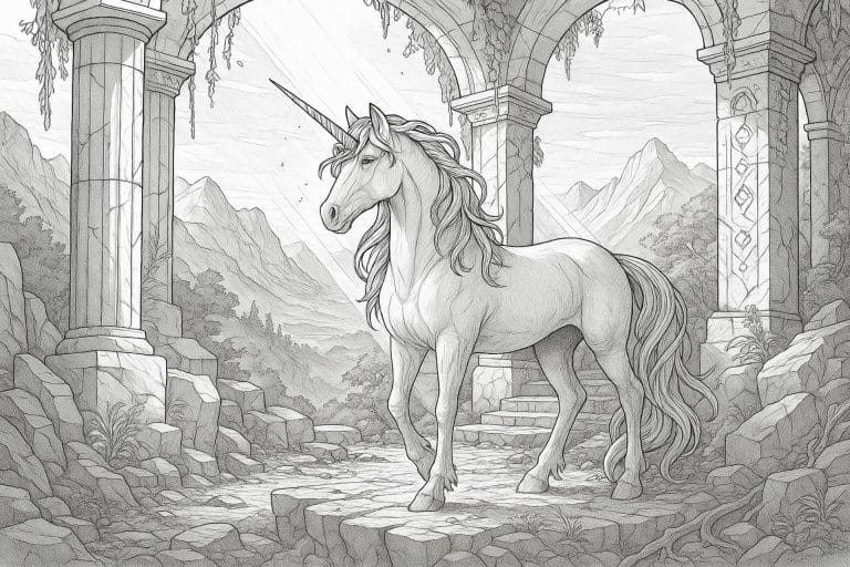 Einhorn im Bergtempel – Ausmalbild für Kinder ab 11 Jahren