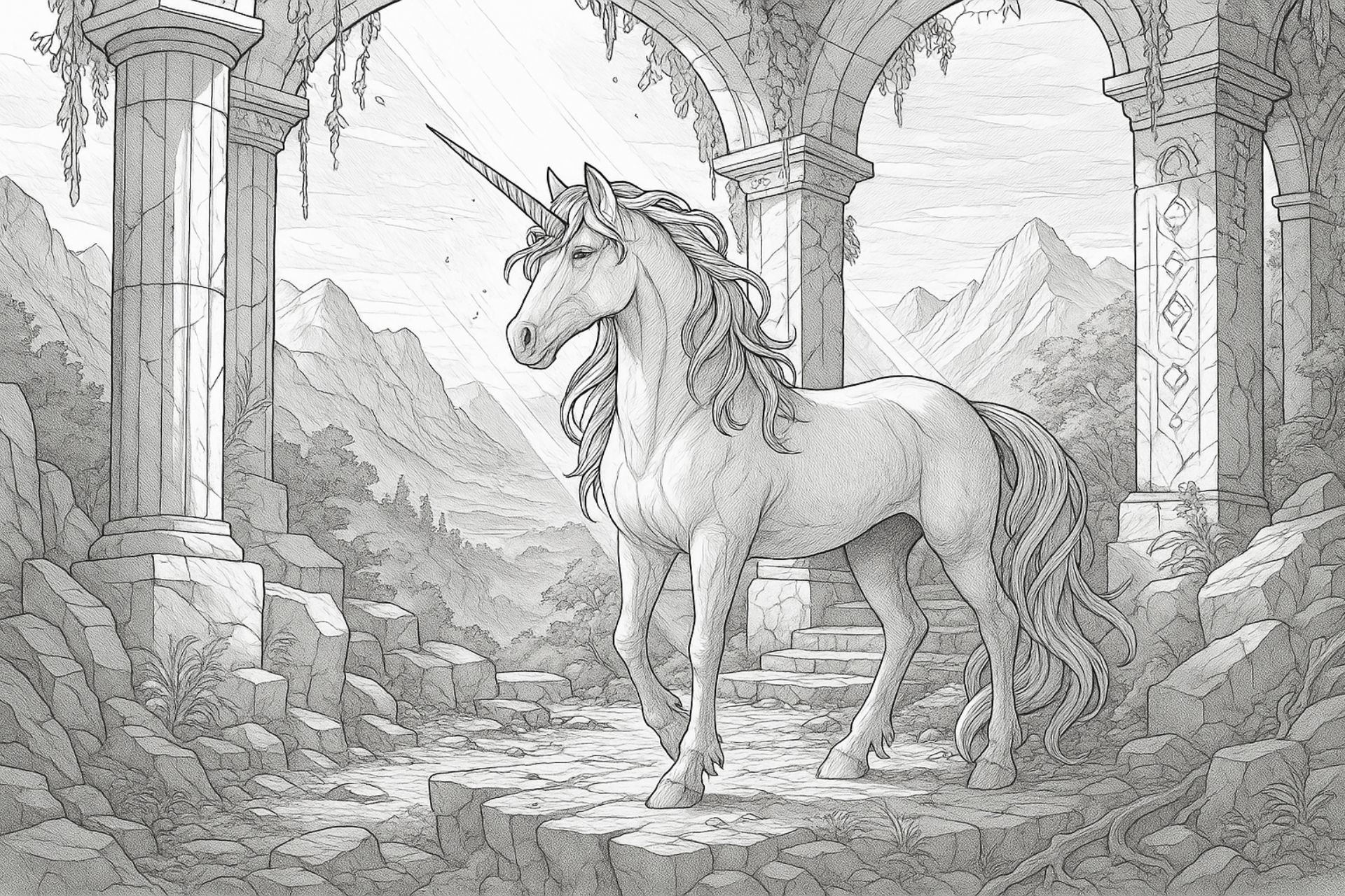 Einhorn im Bergtempel – Ausmalbild für Kinder ab 11 Jahren