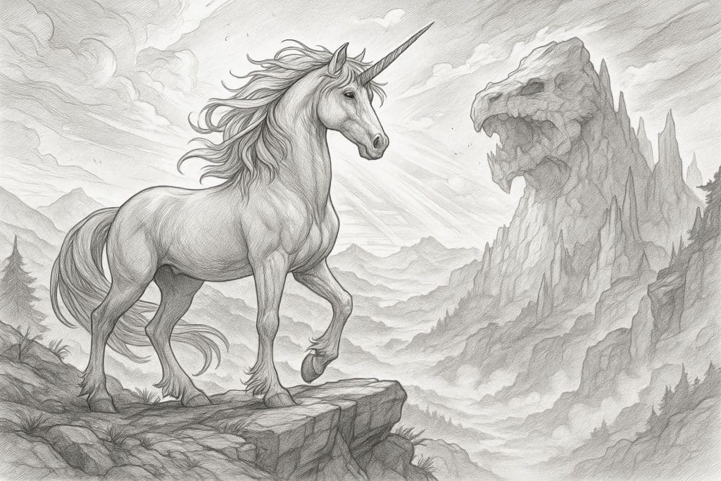 Einhorn am Drachenfels – Ausmalbild für Kinder ab 11 Jahren