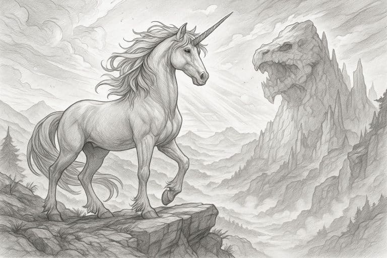 Einhorn am Drachenfels – Ausmalbild für Kinder ab 11 Jahren