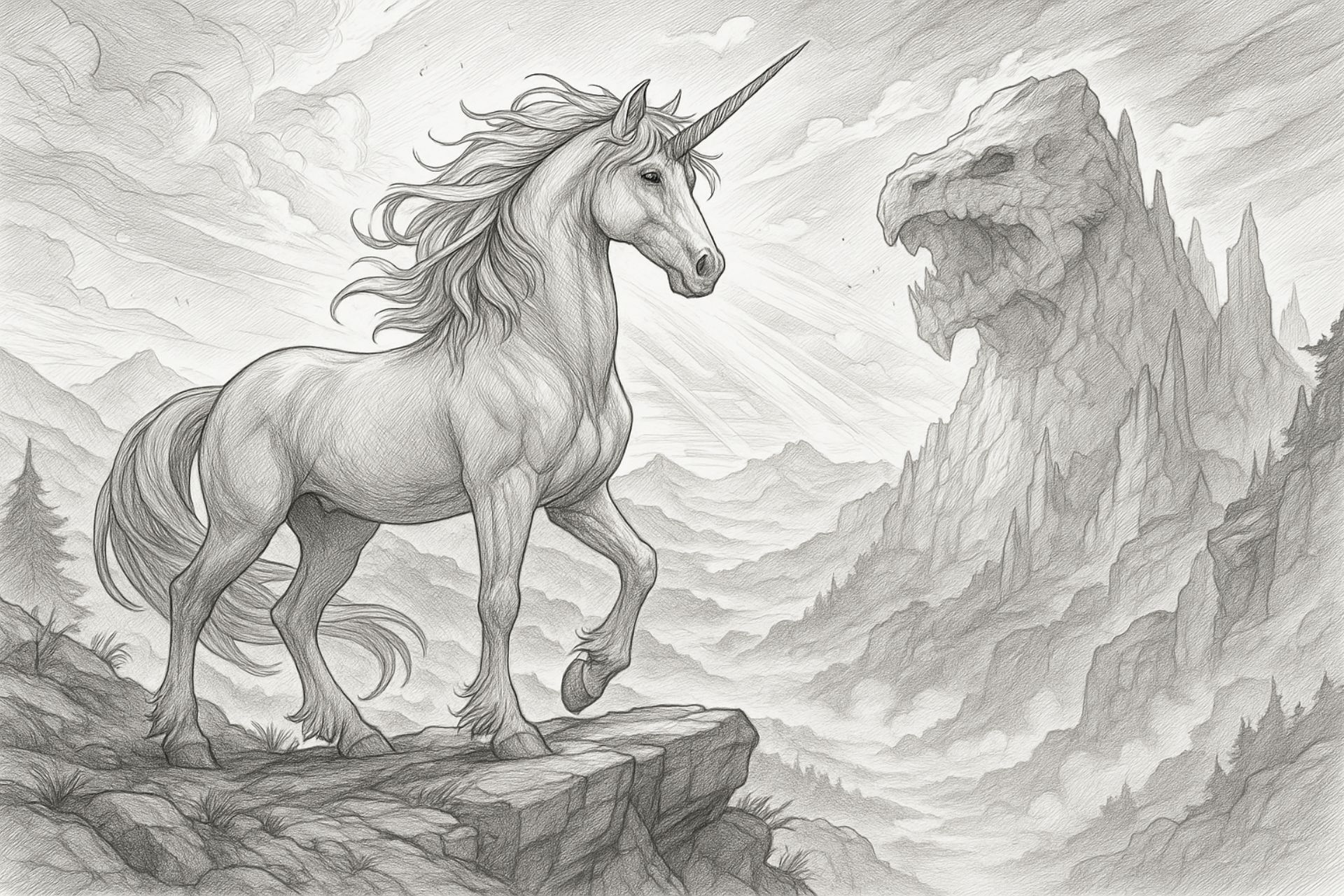 Einhorn am Drachenfels – Ausmalbild für Kinder ab 11 Jahren