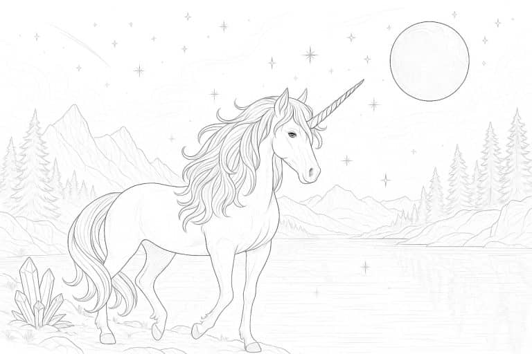 Einhorn am Kristallsee bei Nacht – Ausmalbild für Kinder ab 11 Jahren