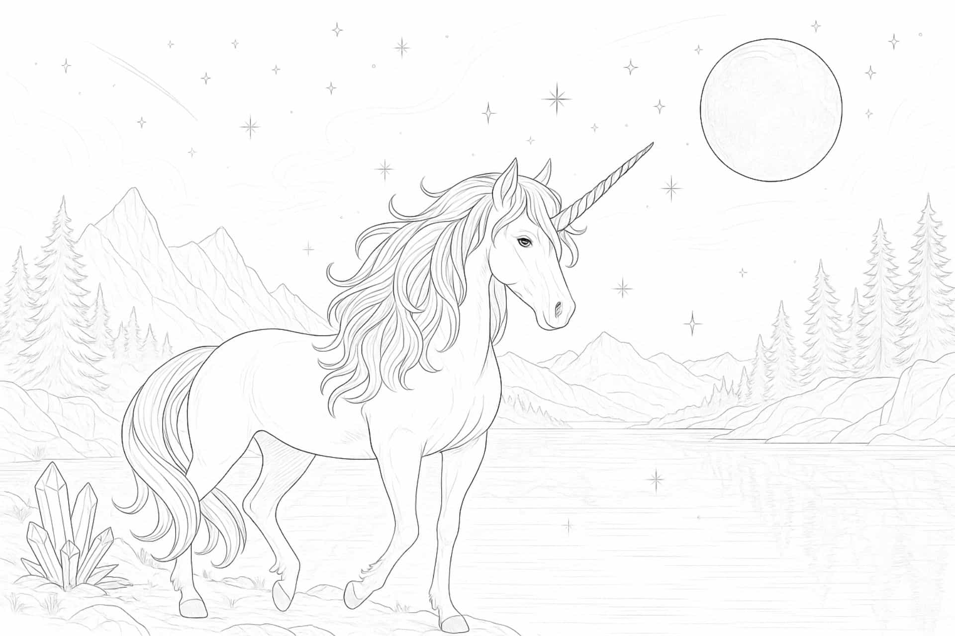 Einhorn am Kristallsee bei Nacht – Ausmalbild für Kinder ab 11 Jahren