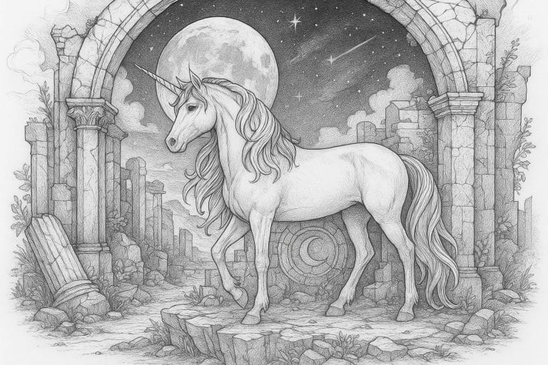 Einhorn an der Mondruine – Ausmalbild für Kinder ab 11 Jahren