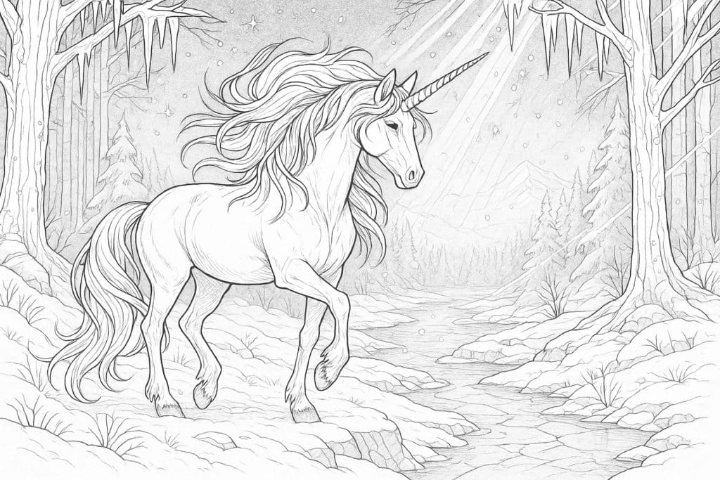 Einhorn im Frostwald – Ausmalbild für Kinder ab 11 Jahren
