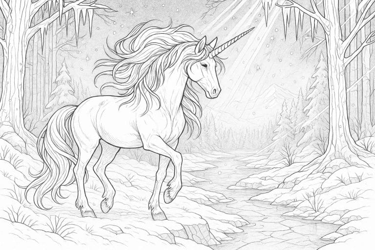 Einhorn im Frostwald – Ausmalbild für Kinder ab 11 Jahren