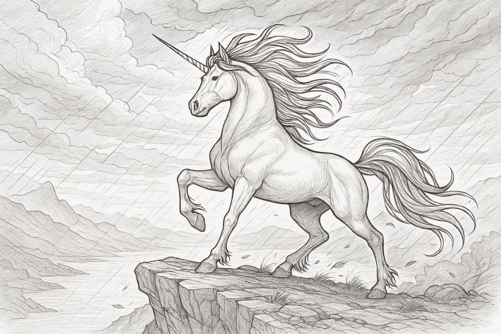 Einhorn im Sturm auf der Klippenhöhe – Ausmalbild für Kinder ab 11 Jahren
