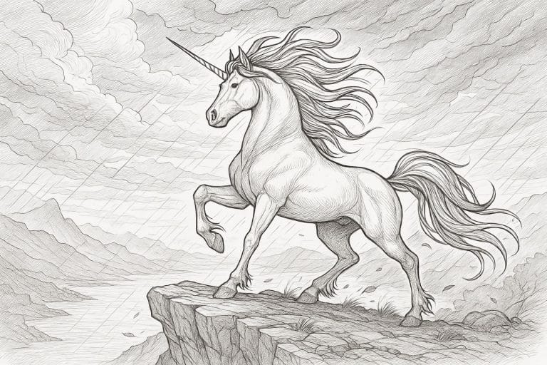 Einhorn im Sturm auf der Klippenhöhe – Ausmalbild für Kinder ab 11 Jahren