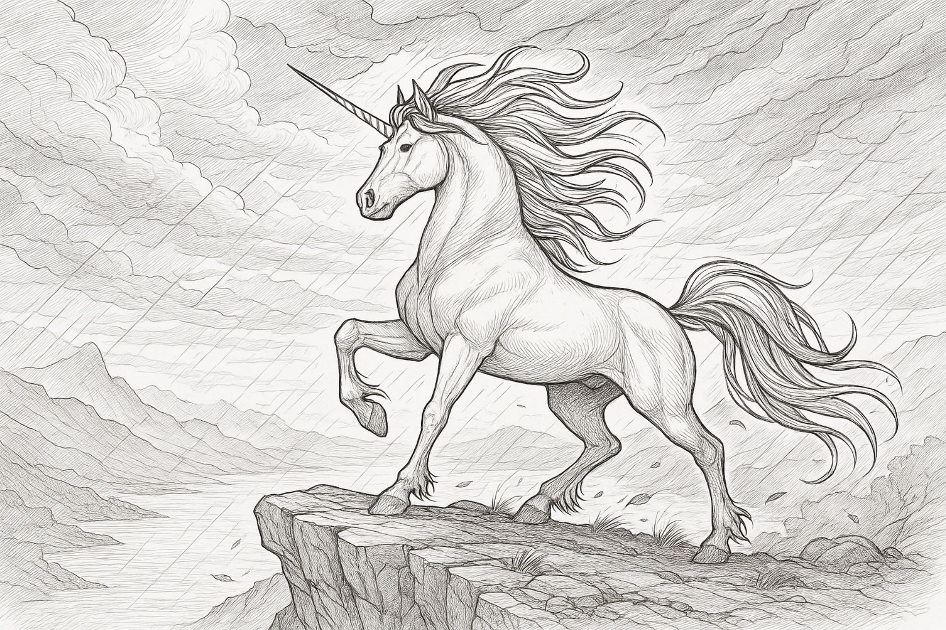 Einhorn im Sturm auf der Klippenhöhe – Ausmalbild für Kinder ab 11 Jahren