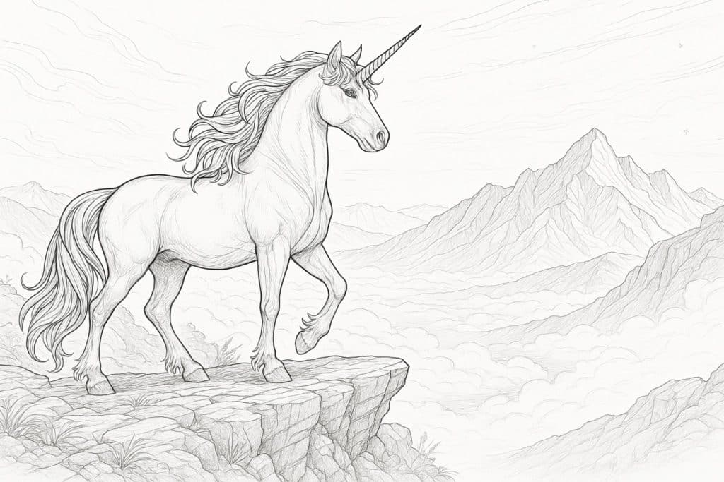 Einhorn über dem Nebelmeer – Ausmalbild für Kinder ab 11 Jahren