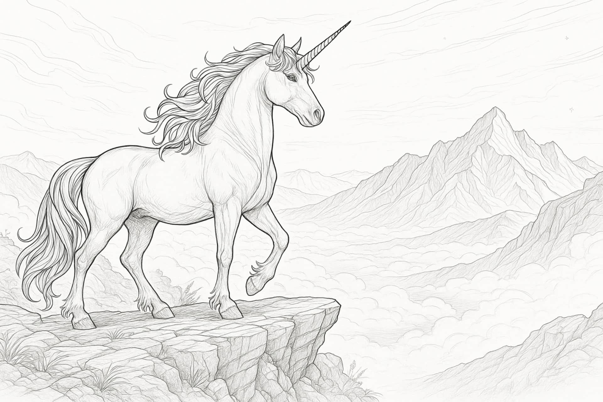 Einhorn über dem Nebelmeer – Ausmalbild für Kinder ab 11 Jahren