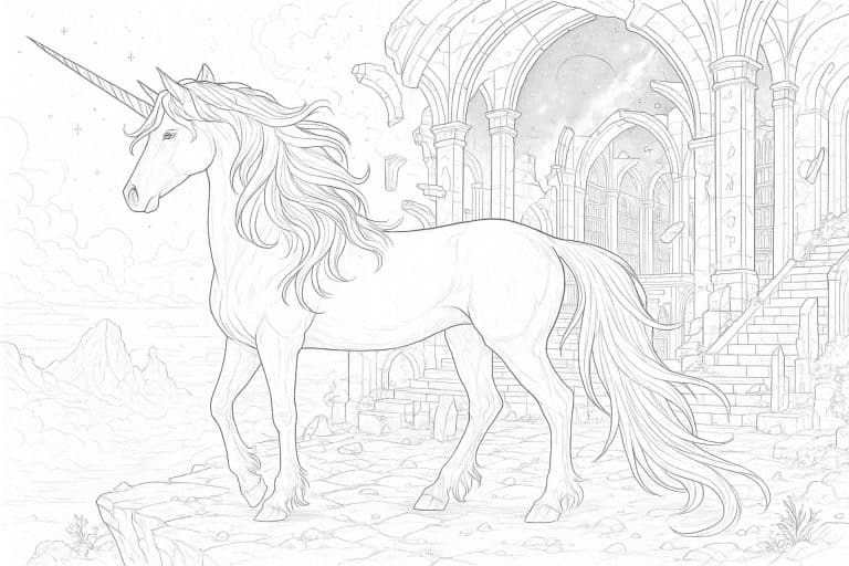 Einhorn vor der Himmelsbibliothek – Ausmalbild für Kinder ab 11 Jahren