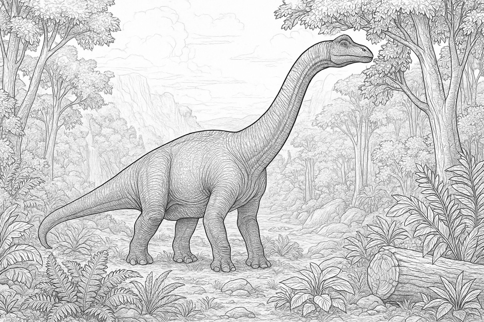 Brachiosaurus im Urzeit-Tal – Ausmalbild ab 11 Jahren
