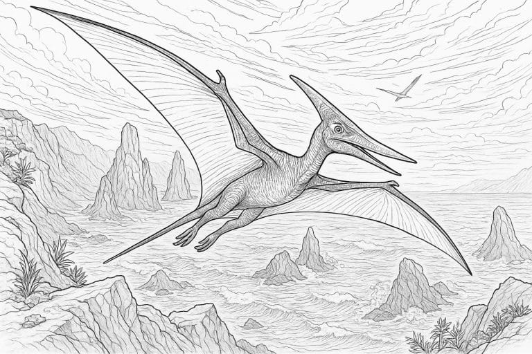 Pteranodon über Küstenlandschaft – Ausmalbild ab 11 Jahren