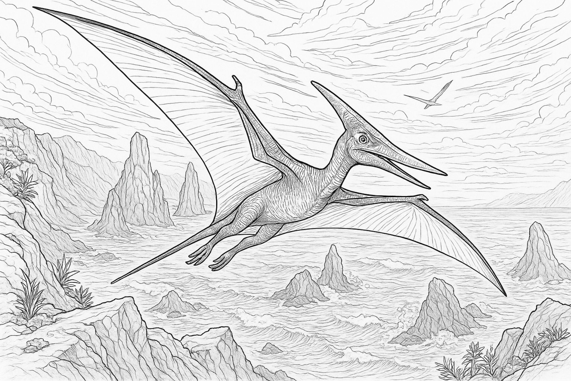 Pteranodon über Küstenlandschaft – Ausmalbild ab 11 Jahren